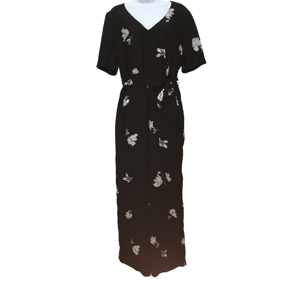 Vince Camuto Floral Belted Jumpsuit Women's 10 Black Wide Leg Elegant Chic
